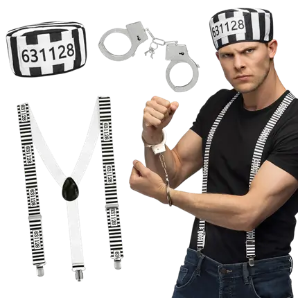 Kit Accessoires Prisonnier – Menottes, Bretelles et Bonnet Rayé