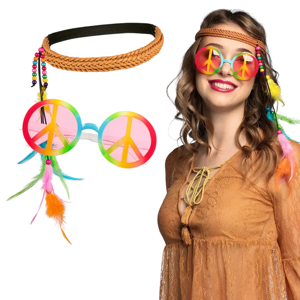 Lot Accessoires Hippie Bohème – Bandeau Plumes &amp; Lunettes Rétro