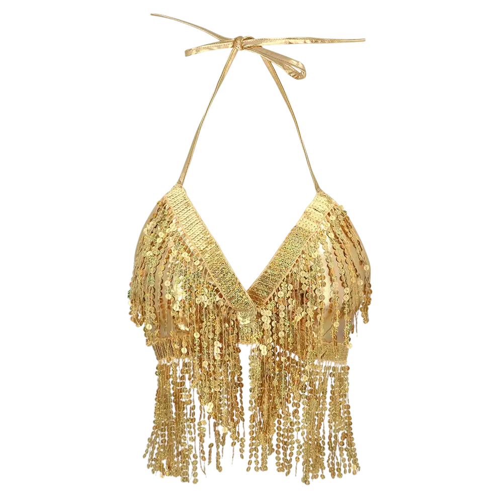 Top Festival Or à Franges – Haut Doré Brillant Soirée Carnaval