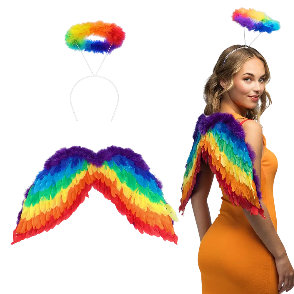 Set Ange Arc-en-ciel – Ailes 60 x 40 cm &amp; Tiare Auréole Pride