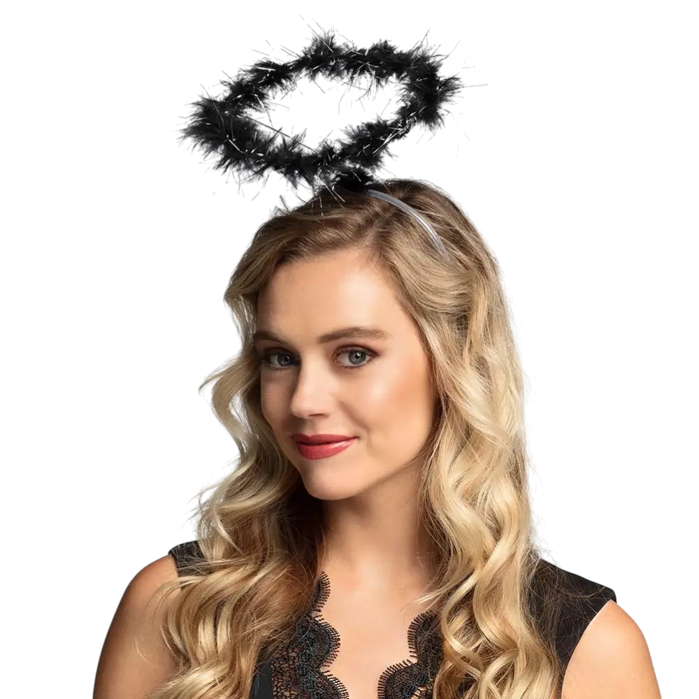 Tiare Halo Noir – Bandeau Ange Démon Pailleté avec Plumes