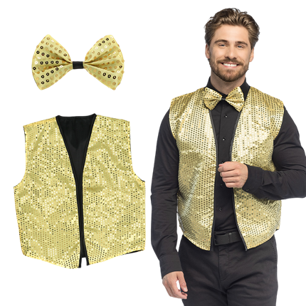 Gilet à sequins et nœud papillon "Spangles" – Taille M/L – Or