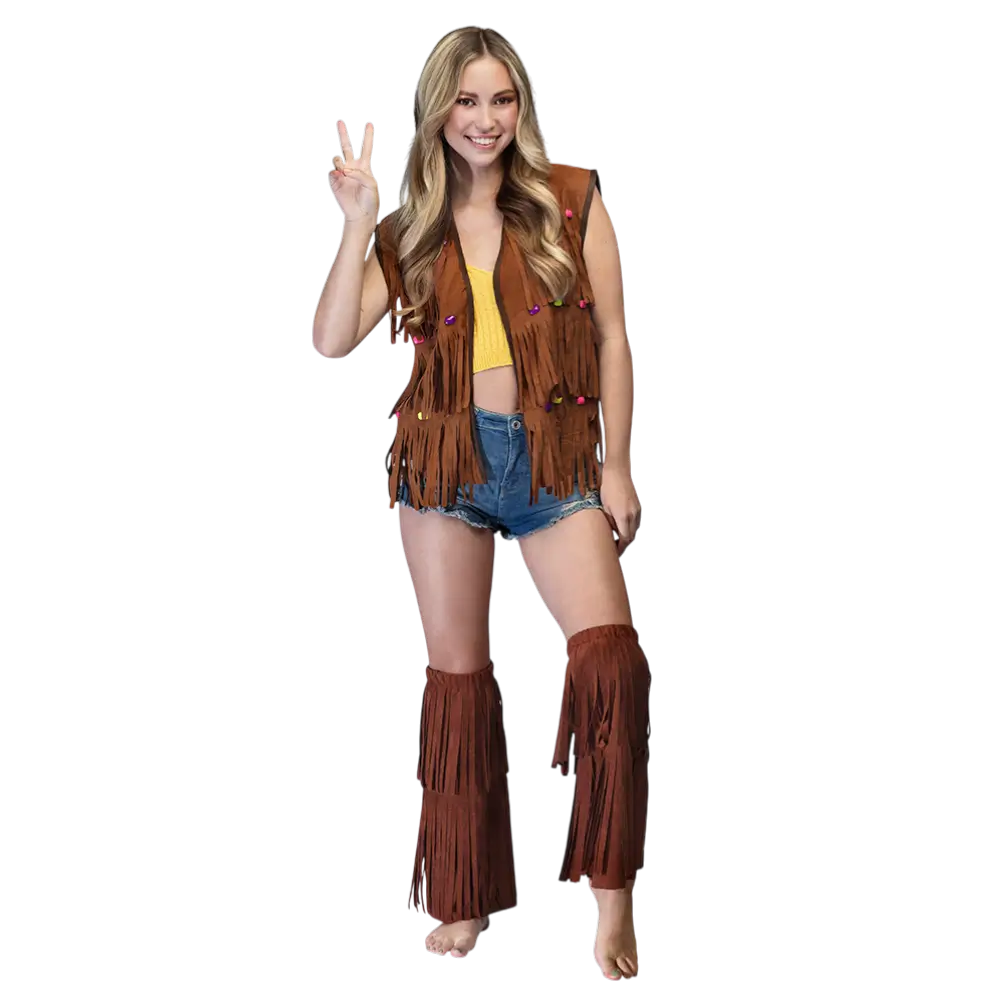 Jambières Hippie Marron à Franges – Accessoire Déguisement Festival et Années 70