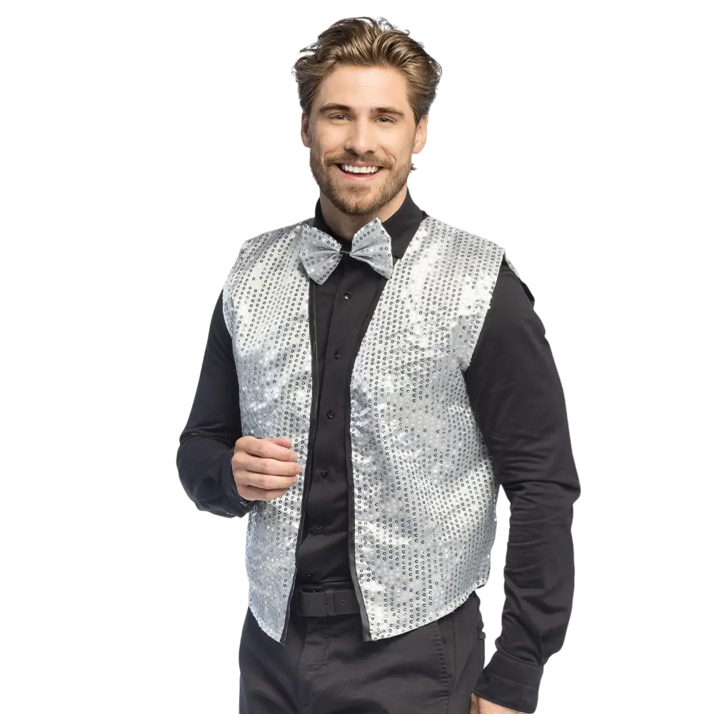 Gilet à sequins et nœud papillon Spangles – Taille M/L – Argent