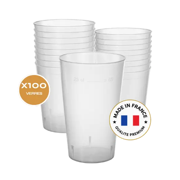 Lot de 100 Gobelets Ecocup 25cl utile (33cl ras bord) Réutilisable - Type Demi, Jus, Soft