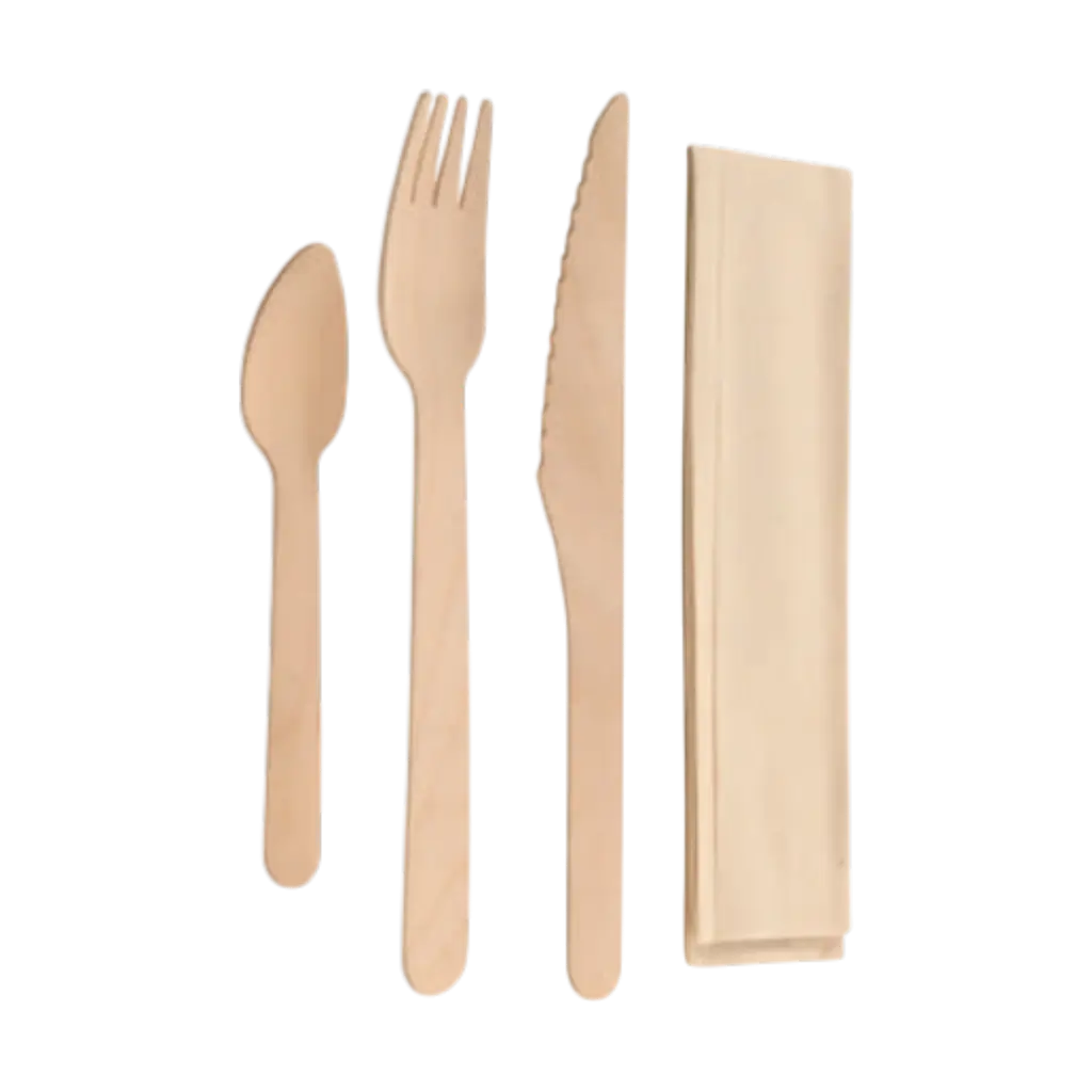 Kit 4 Couverts en Bois + Emballage Kraft (Lot de 100)