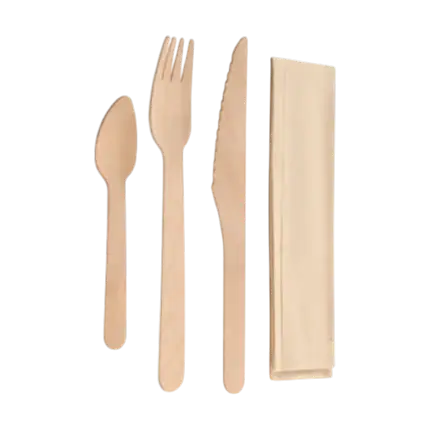 Kit 4 Couverts en Bois + Emballage Kraft (Lot de 100)