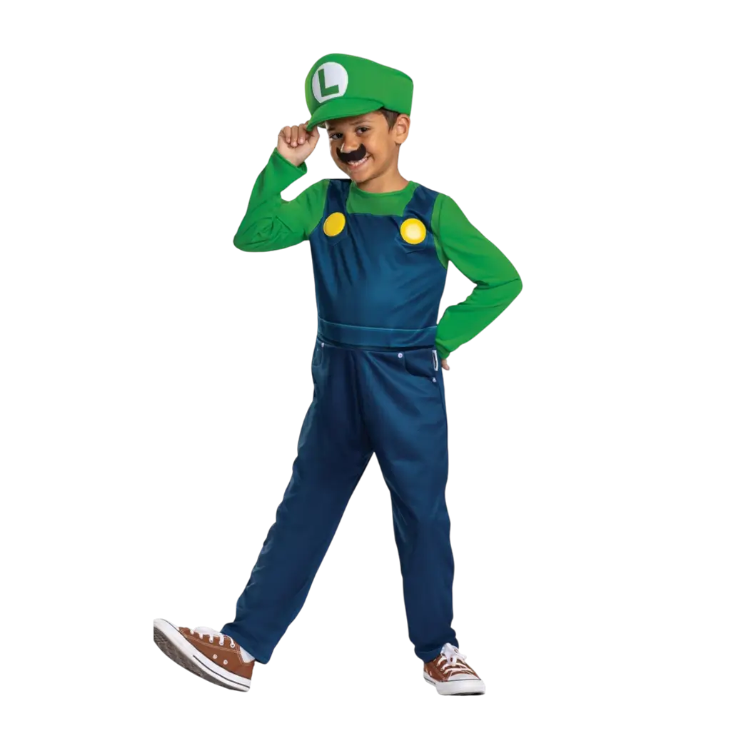 Déguisement Luigi™ enfant 7-8 ans avec combinaison, casquette et moustache, idéal pour carnaval, Halloween, anniversaire Super Mario™