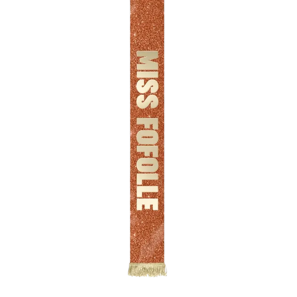 Écharpe Miss Fofolle dorée à paillettes – accessoire humoristique pour anniversaire et fête