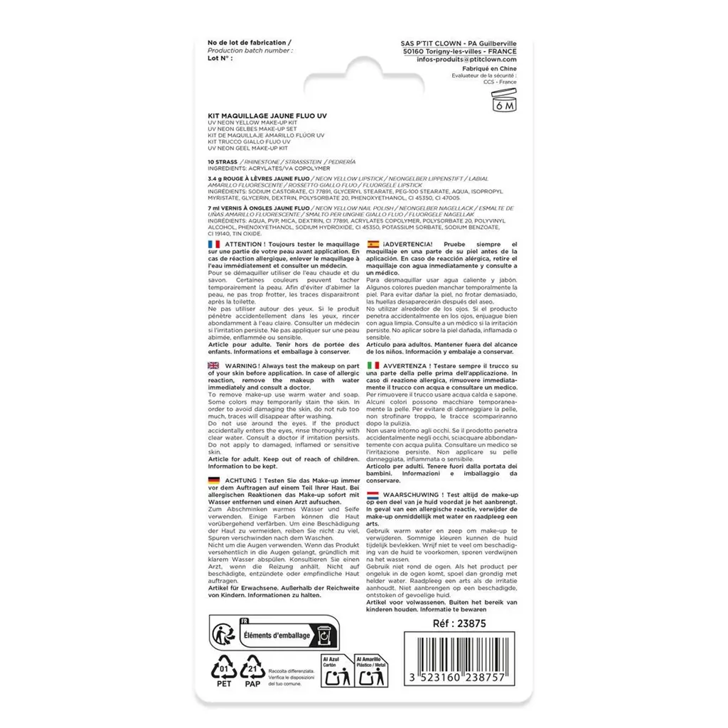 Kit Maquillage Jaune Fluo – Accessoires Déguisement