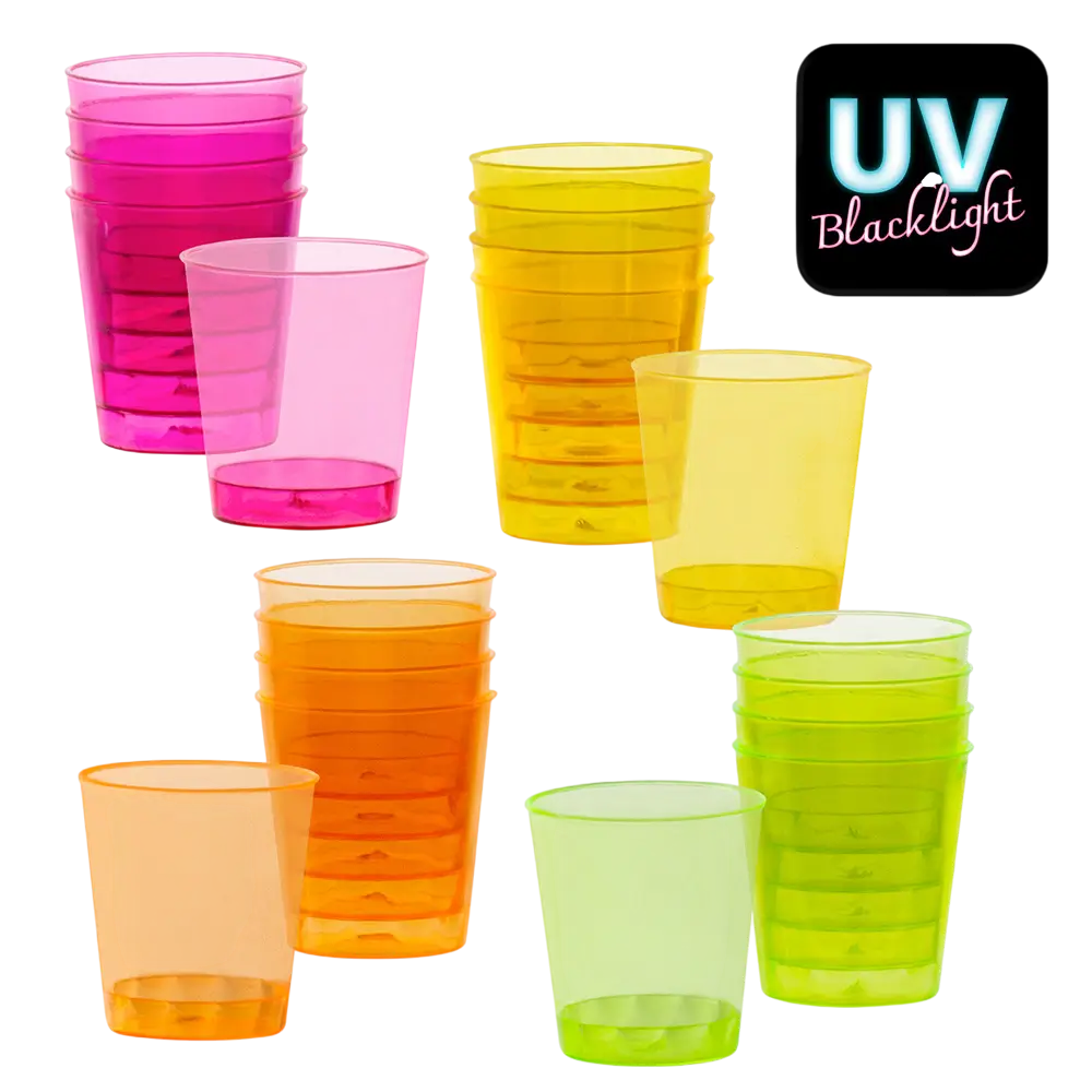 Kit 20 Verres à Shot Fluo UV 2 cl – Gobelets Plastique Néon Soirée