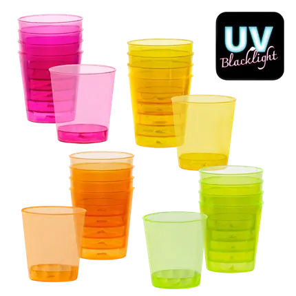 Kit 20 Verres à Shot Fluo UV 2 cl – Gobelets Plastique Néon Soirée