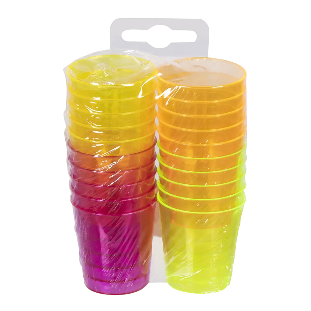 Kit 20 Verres à Shot Fluo UV 2 cl – Gobelets Plastique Néon Soirée