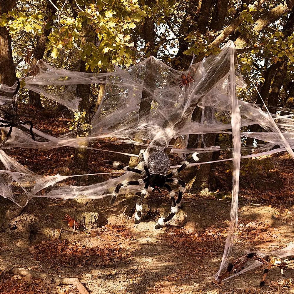 Toile d’Araignée Halloween Blanche 100 g avec 6 Araignées – Décoration Horreur