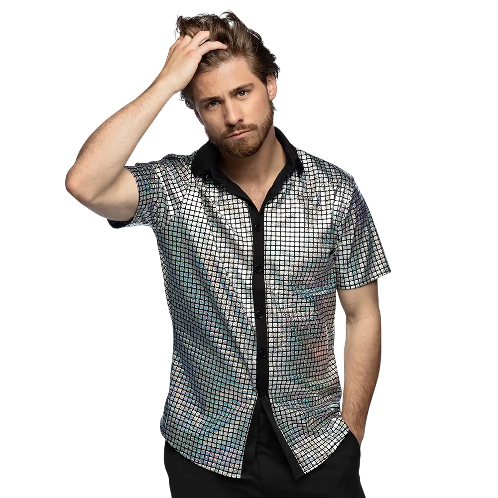 Chemise Disco Diamond Argent Taille L – Déguisement Années 70/80