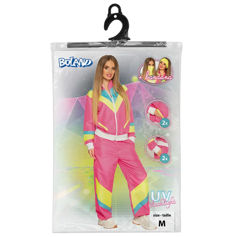 Déguisement Survêtement Rétro Femme Rose Fluo UV Taille M – Années 80