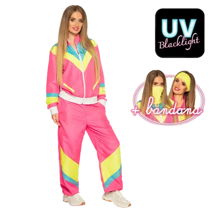 Déguisement Survêtement Rétro Femme Rose Fluo UV Taille M – Années 80