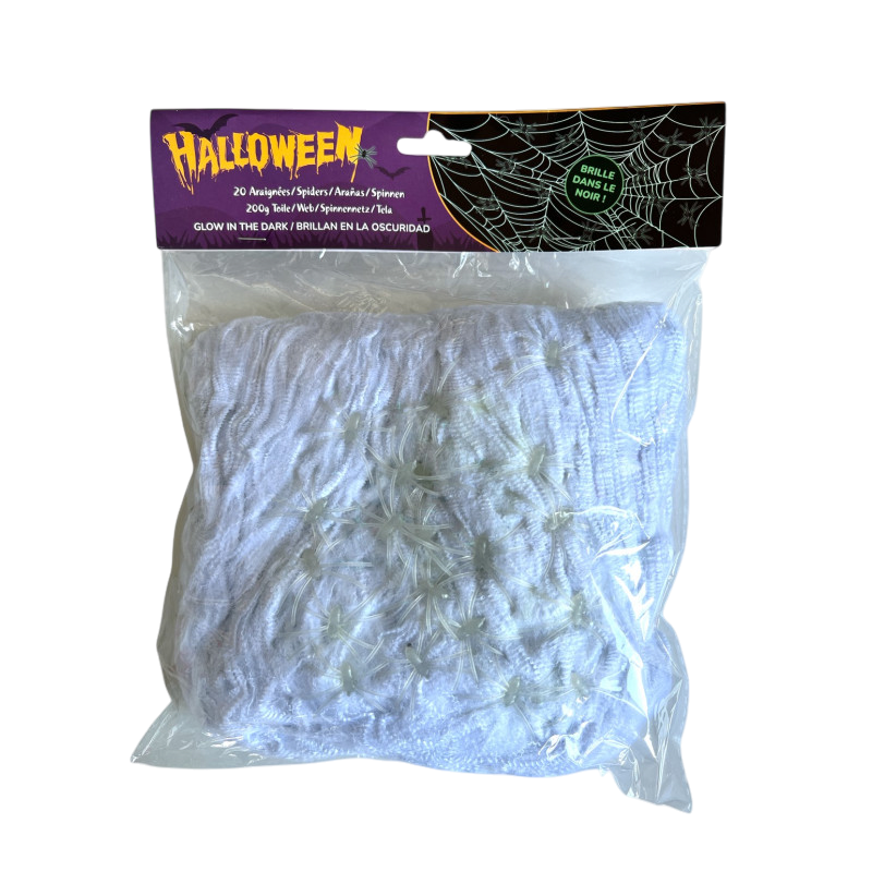 Toile d’Araignée 200 g avec 20 Araignées Phosphorescentes – Décoration Halloween