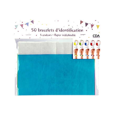 50 Bracelets d’Identification Papier Indéchirable Couleurs Assorties