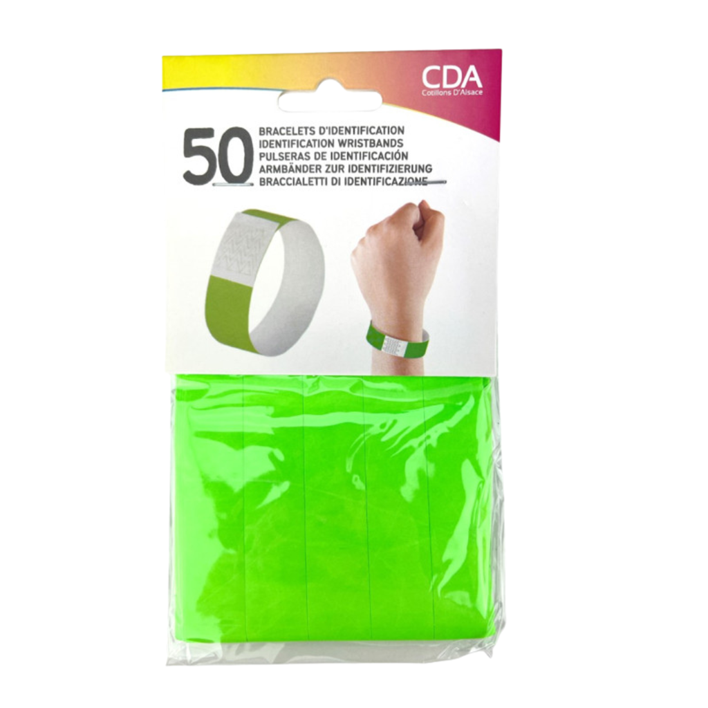 50 Bracelets d’Identification Papier Vert Indéchirable