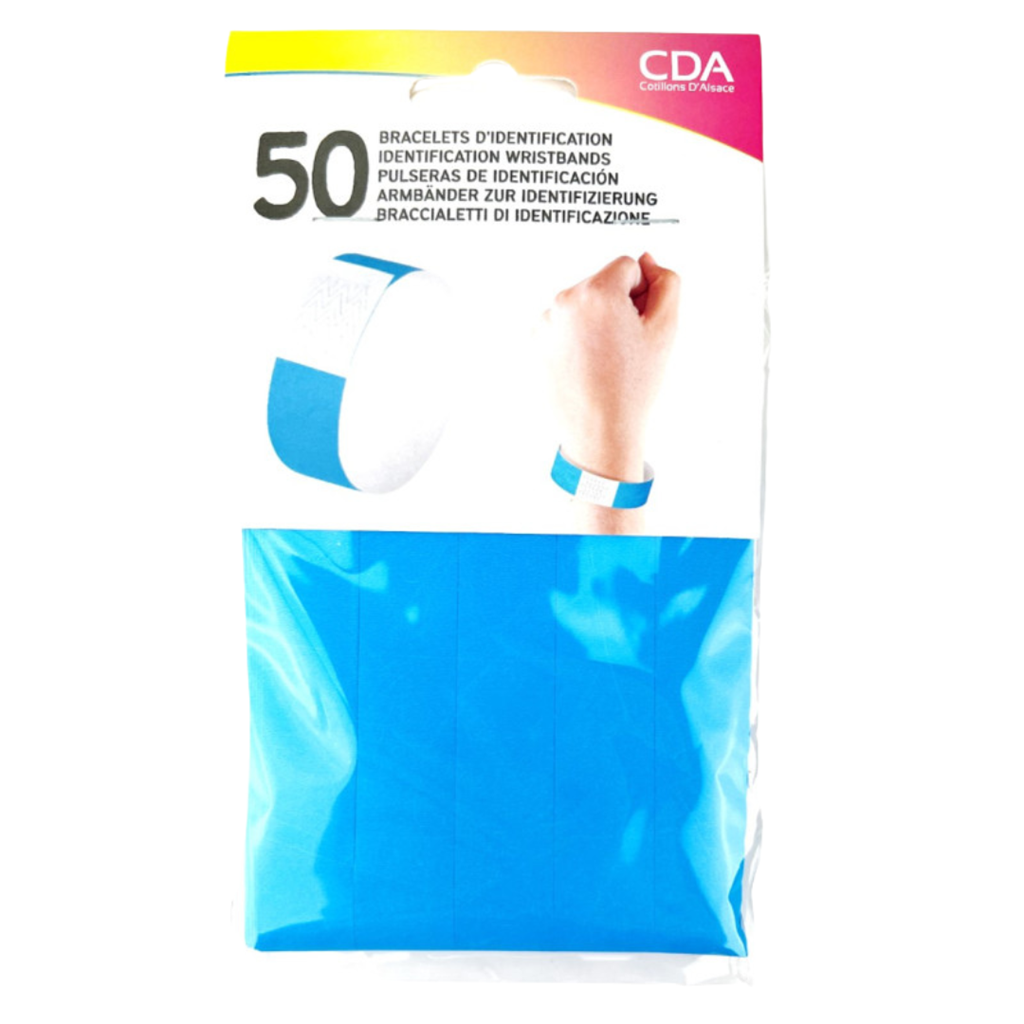 50 Bracelets d’Identification Papier Bleu Indéchirable