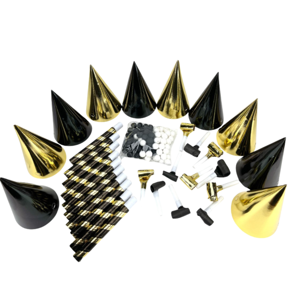 Kit Cotillons Or et Noir 10 Personnes – Accessoires de Fête Nouvel An