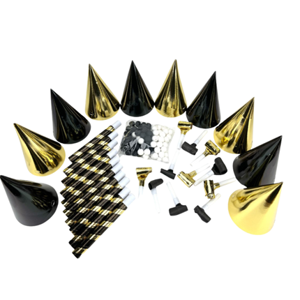 Kit Cotillons Or et Noir 10 Personnes – Accessoires de Fête Nouvel An