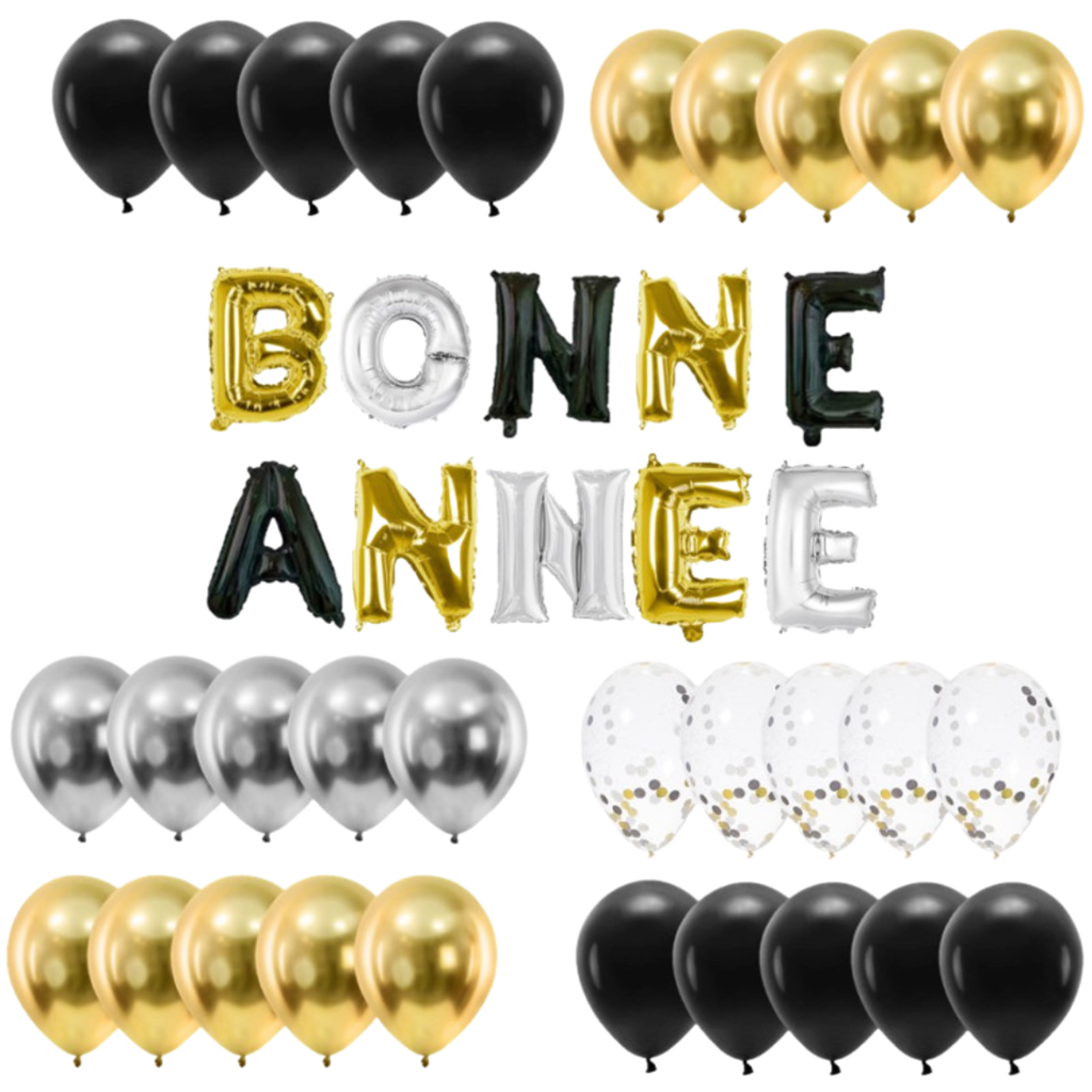 Kit décoration Nouvel An 40 ballons noir, or et argent – Bonne Année 30 cm