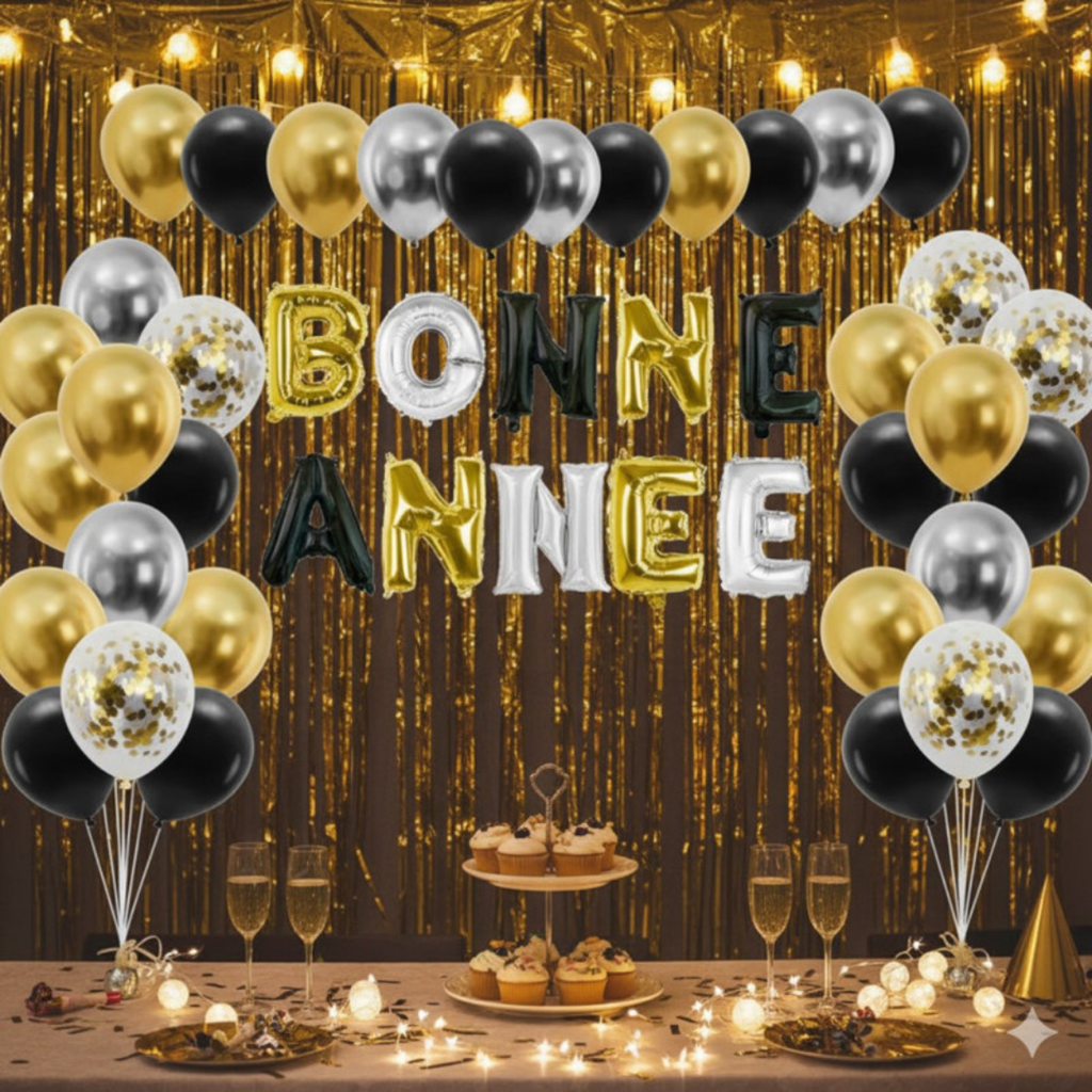 Kit décoration Nouvel An 40 ballons noir, or et argent – Bonne Année 30 cm