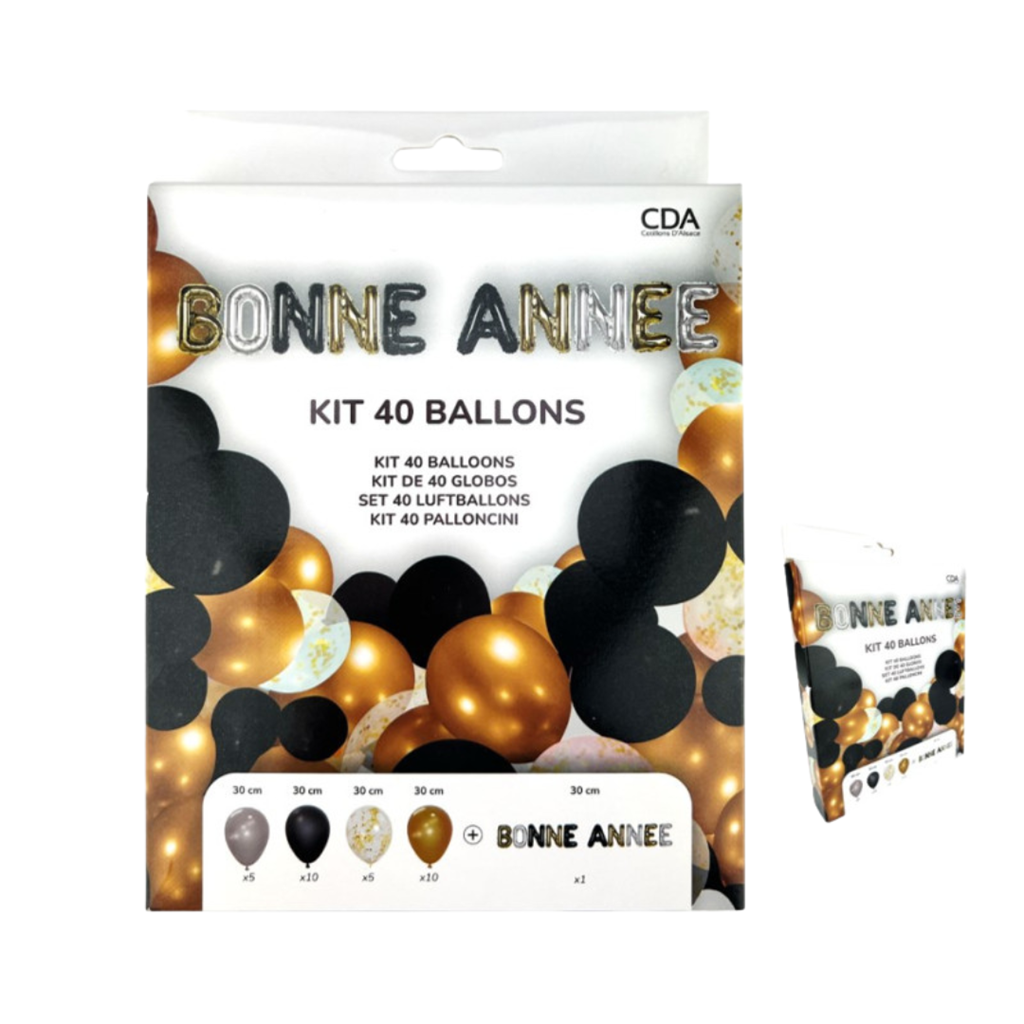 Kit décoration Nouvel An 40 ballons noir, or et argent – Bonne Année 30 cm
