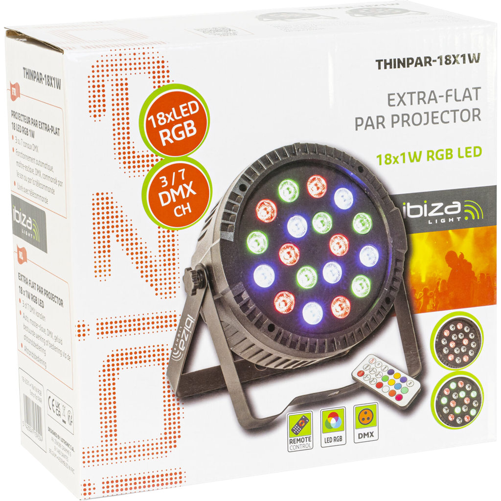 Projecteur PAR LED Extra-Plat THINPAR 18x1W RGB – DMX et Télécommande