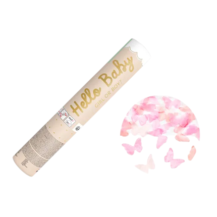 Canon à Confettis Papillons Roses 20 cm – Baby Shower Fille