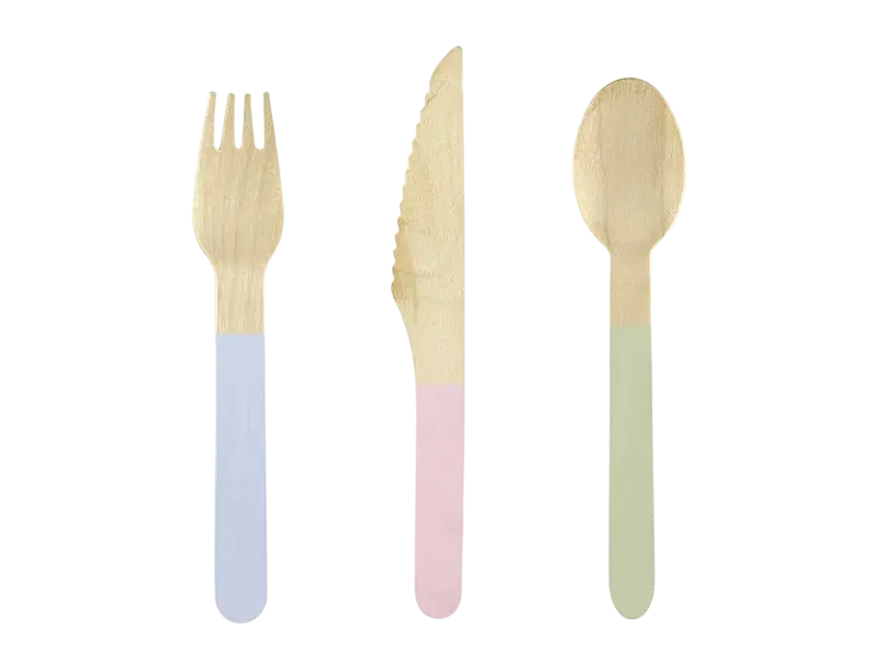 Couverts en bois Pastelove 16 cm – assortiment de 18 couverts pour anniversaire et réception