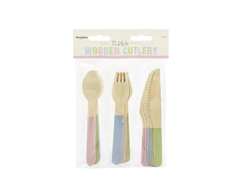 Couverts en bois Pastelove 16 cm – assortiment de 18 couverts pour anniversaire et réception