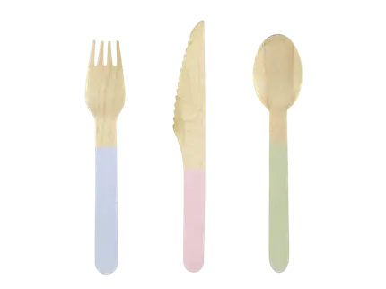 Couverts en bois Pastelove 16 cm – assortiment de 18 couverts pour anniversaire et réception