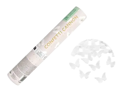 Canon à confettis avec papillons blancs 20 cm