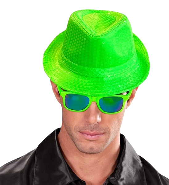 Chapeau Fedora à sequins vert fluo – accessoire festif pour soirée, carnaval et festival