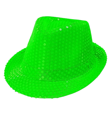 Chapeau Fedora à sequins vert fluo – accessoire festif pour soirée, carnaval et festival