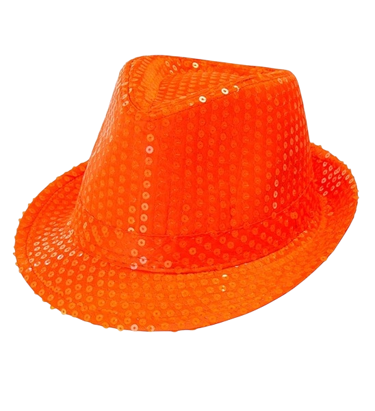 Chapeau Fedora à sequins orange fluo – accessoire festif pour carnaval, festival et soirée à thème