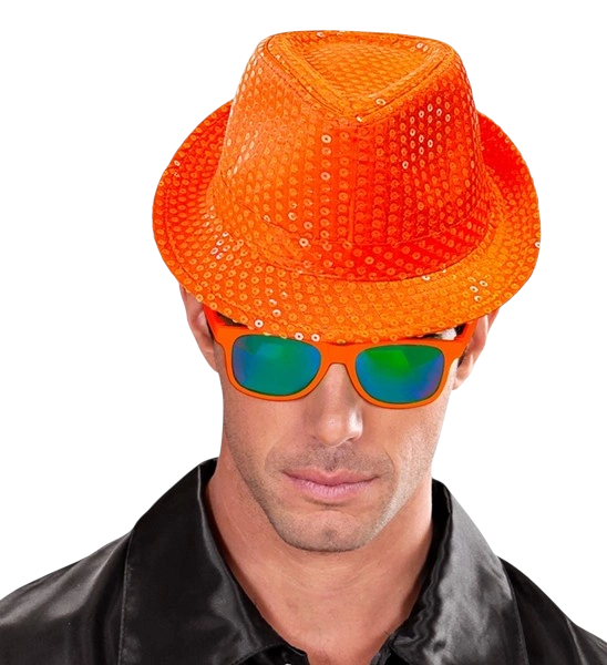 Chapeau Fedora à sequins orange fluo – accessoire festif pour carnaval, festival et soirée à thème
