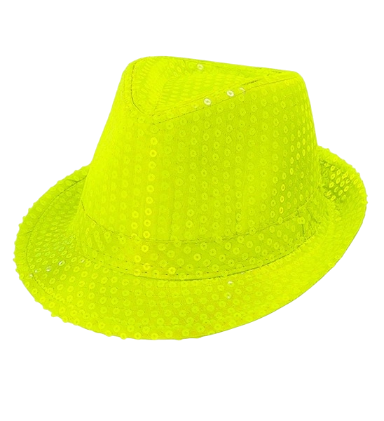 Chapeau Fedora à sequins jaune fluo – accessoire festif pour carnaval, festival et soirée à thème
