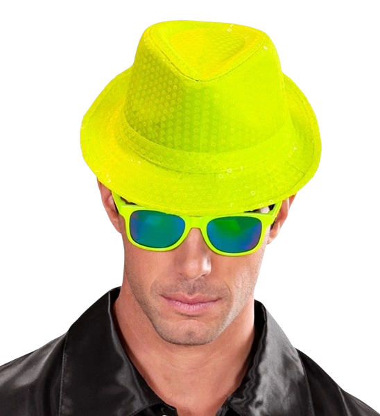 Chapeau Fedora à sequins jaune fluo – accessoire festif pour carnaval, festival et soirée à thème