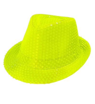 Chapeau Fedora à sequins jaune fluo – accessoire festif pour carnaval, festival et soirée à thème