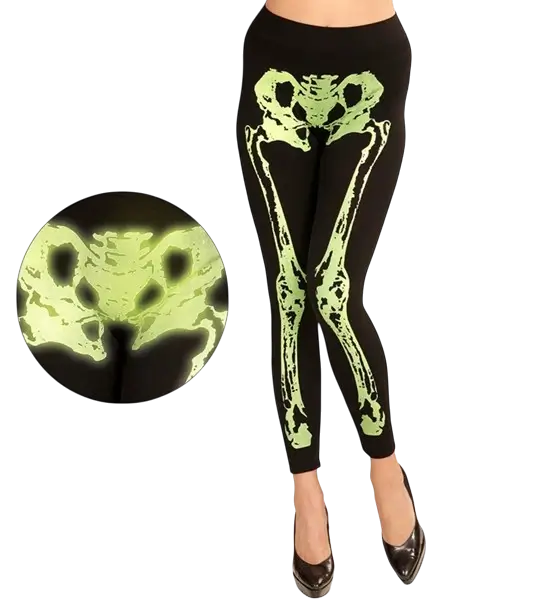 Legging squelette vert fluo pour adulte – leggings Halloween et soirée fluo taille S/M