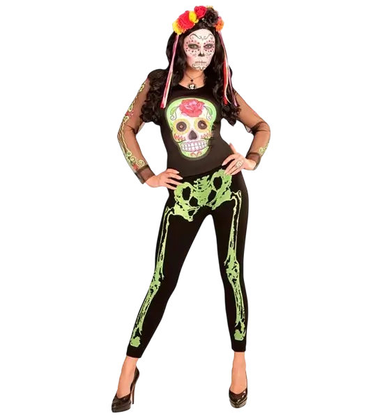 Legging squelette vert fluo pour adulte – leggings Halloween et soirée fluo taille S/M