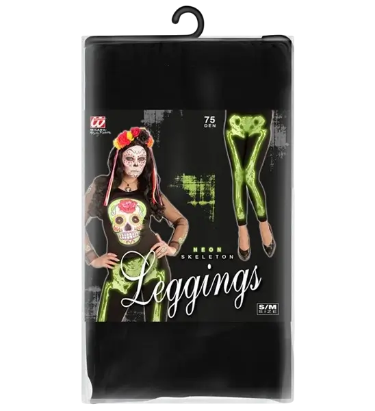 Legging squelette vert fluo pour adulte – leggings Halloween et soirée fluo taille S/M