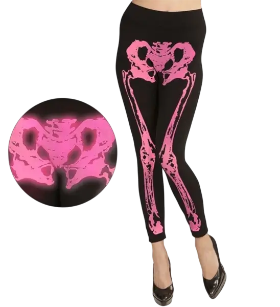 Legging squelette rose fluo pour adulte – leggings Halloween et soirée fluo taille S/M
