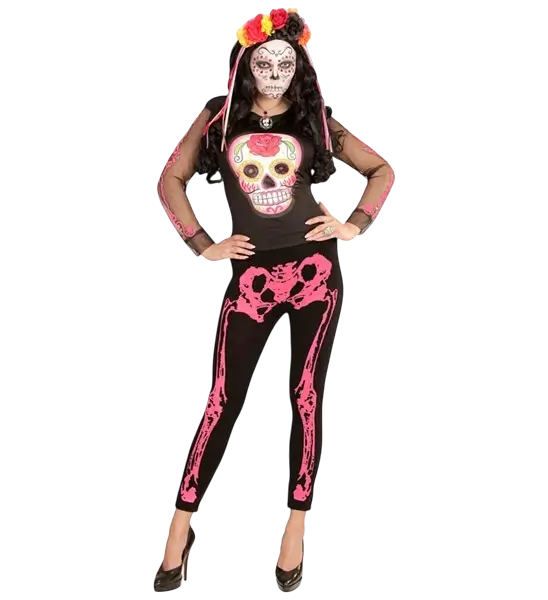 Legging squelette rose fluo pour adulte – leggings Halloween et soirée fluo taille S/M