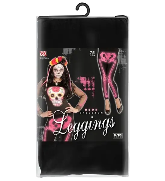 Legging squelette rose fluo pour adulte – leggings Halloween et soirée fluo taille S/M