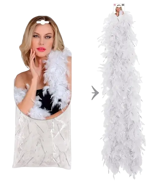 Boa à plumes blanc avec guirlandes argent – 1,80 m – Accessoire glamour pour déguisement et soirée